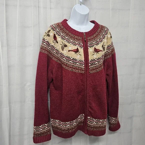 Croft & Barrow Red Cardinal Fair Isle Cardigan Zip Preppy Collegiate XL - Picture 4 of 13